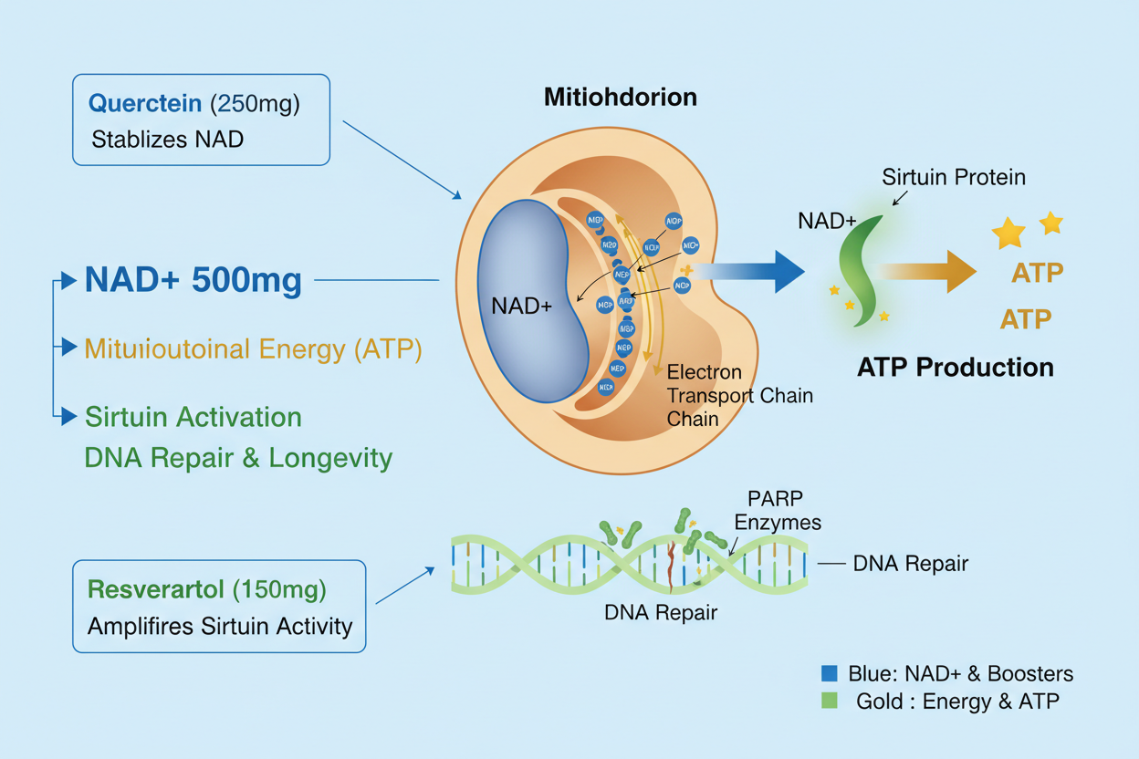 NAD+ cellular mechanism showing mitochondrial energy production, DNA repair, and sirtuin activation with quercetin and resveratrol synergy
